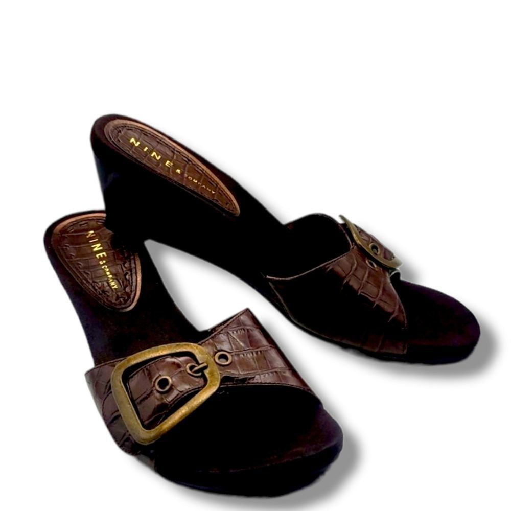 NINE WEST BROWN CROCODILE EMBOSSED WEDGE HEEL SANDAL SIZE 9